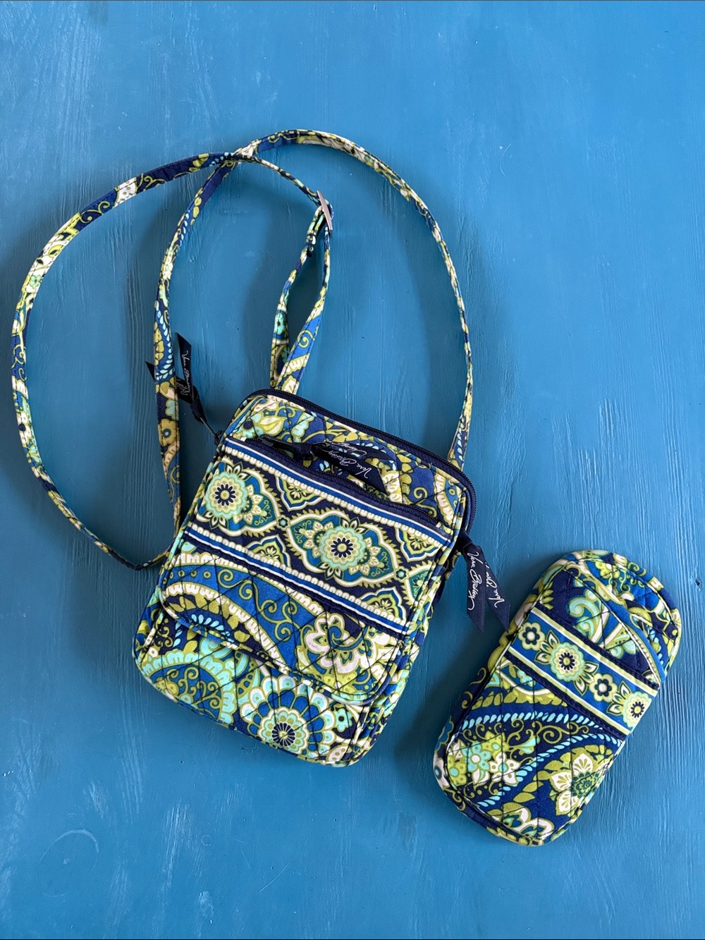 Vera Bradley Quilted Crossbody & Eyeglass Case in Blue, Green & Yellow Paisley